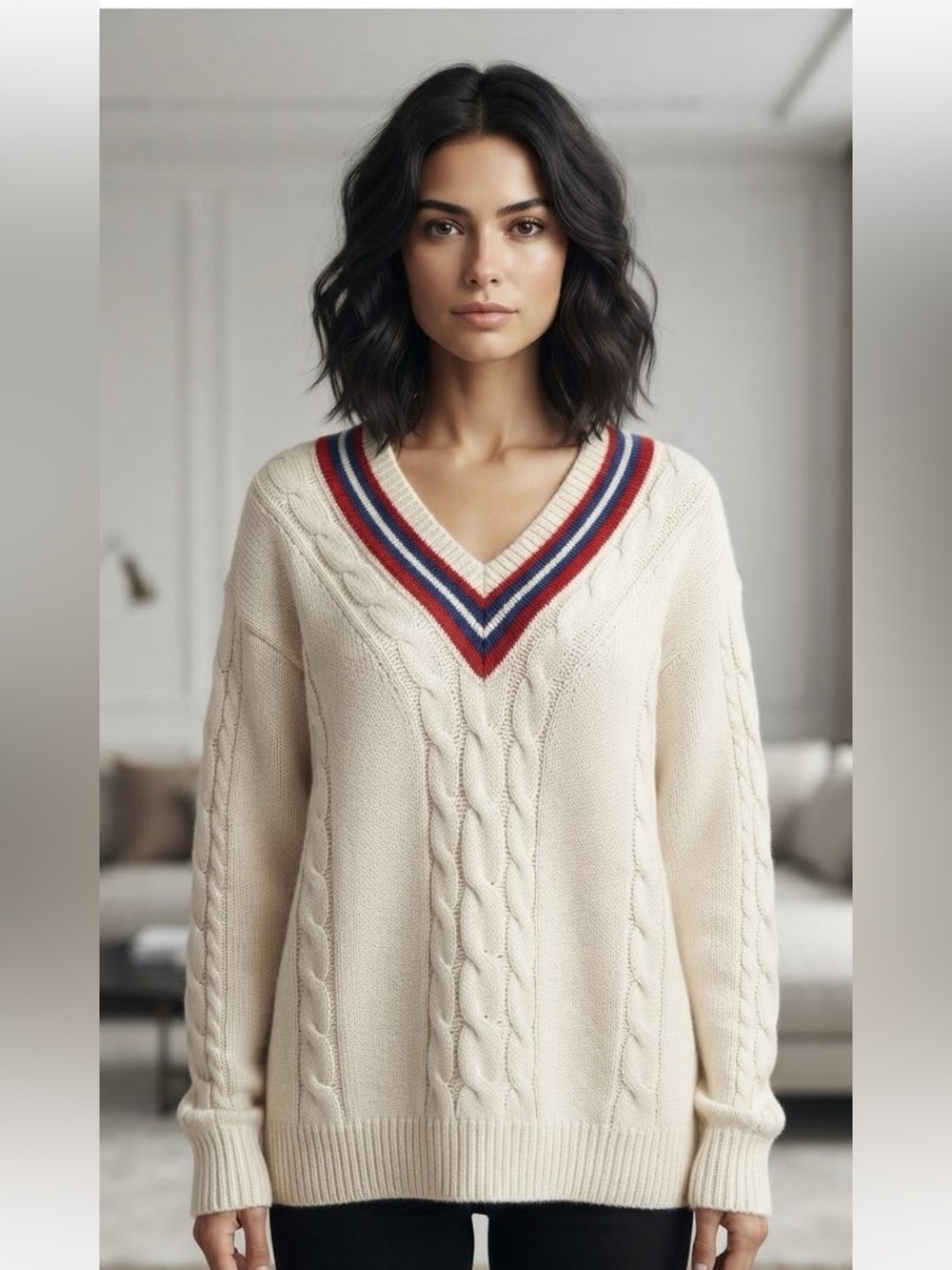 Northern Reflections Cream V-Neck Cable Knit Sweater with Red & Blue Trim size M
